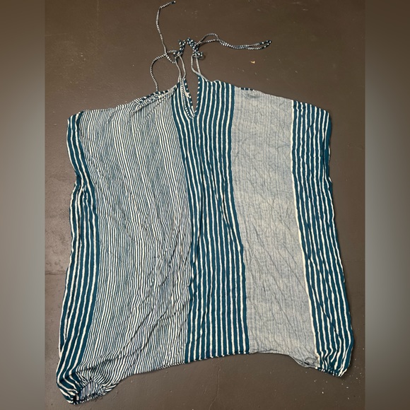 One Size Blue Striped no waist Jumpsuit with Shoulder Ties and elastic on legs - Picture 7 of 9